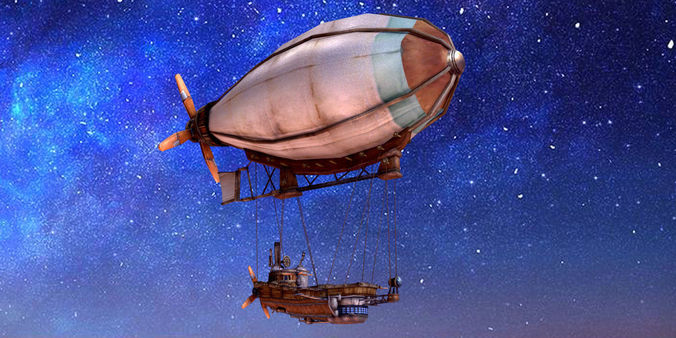 Airship steam powered in night sky Low-poly 3D model
