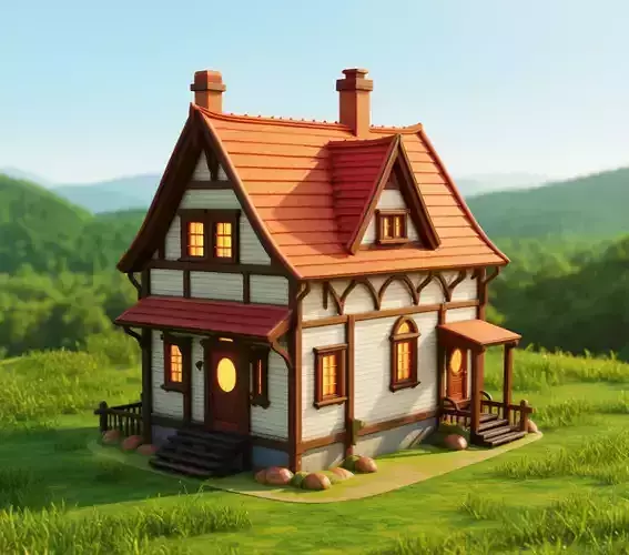 Cottage House Cozy Rural Home LowPoly Red Roof 3D Model