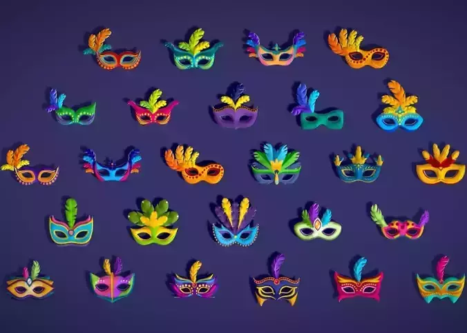 26 Carnival Feather Masks Pack 1 -Stylized  Kids Party Mask Low-poly 3D model