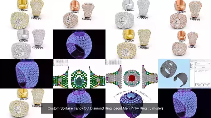 Custom Solitaire Fancy Cut Diamond Ring Iceout Men Pinky Ring 3D Model Collection