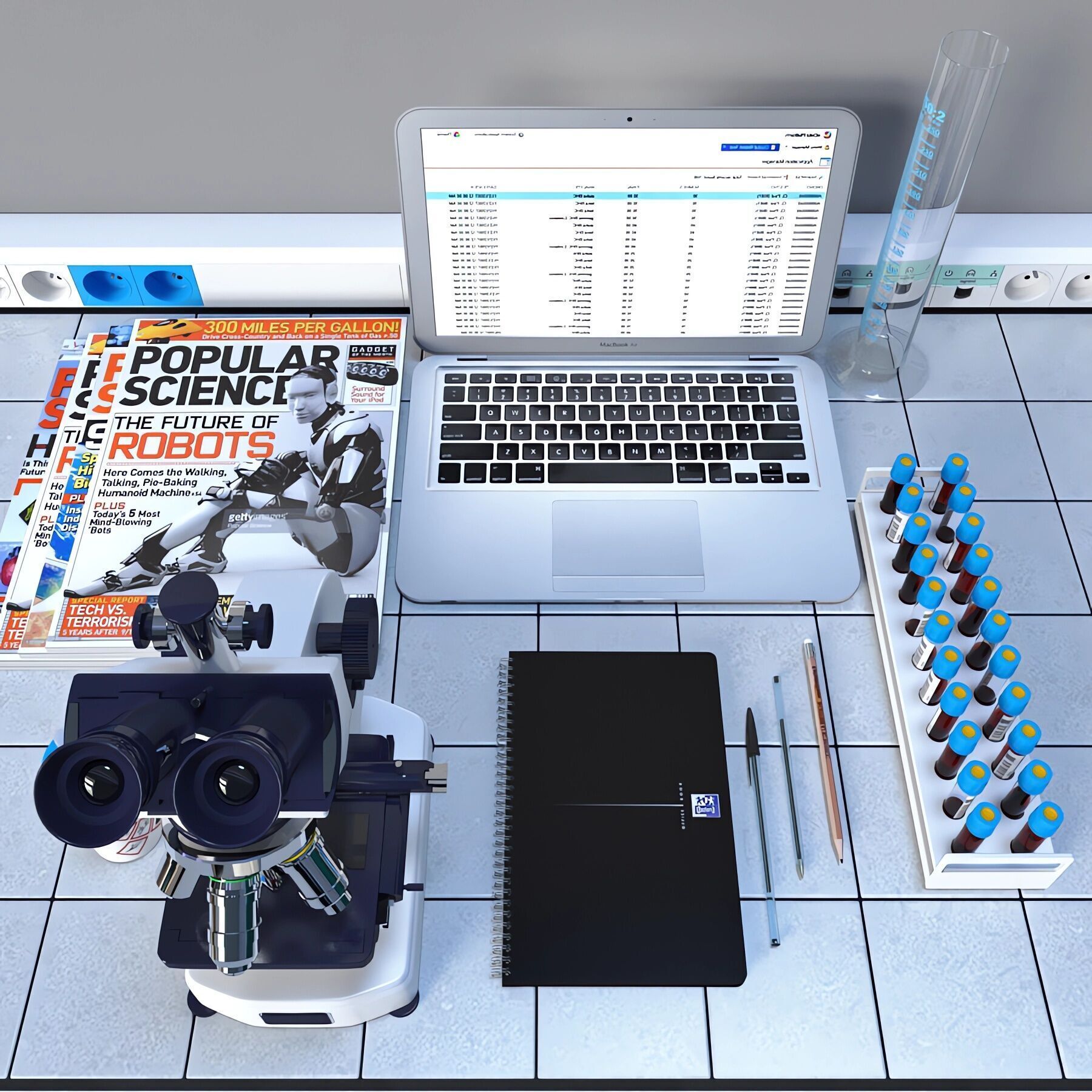 In the Laboratory 02 - Desk with microscope and laptop 3D model_4