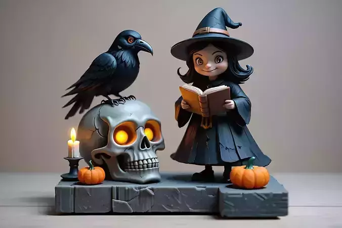 2428Halloween Witch with Spell book Skull Raven and Pumpkin