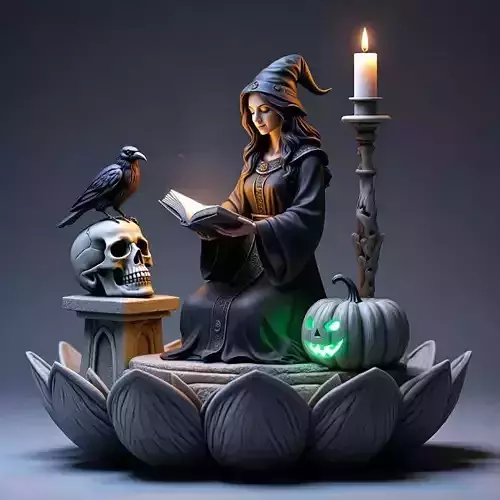 2429 Halloween Witch with Spell book  Skull Raven and Pumpkin