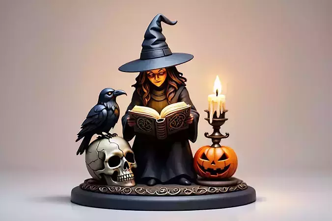 2430Halloween Witch with Spell book Skull  Raven and Pumpkin