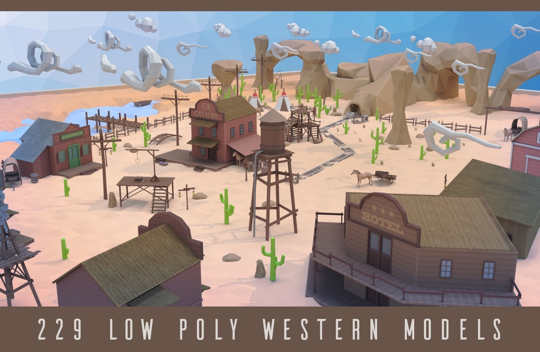 Low poly western desert town Low-poly 3D model_0