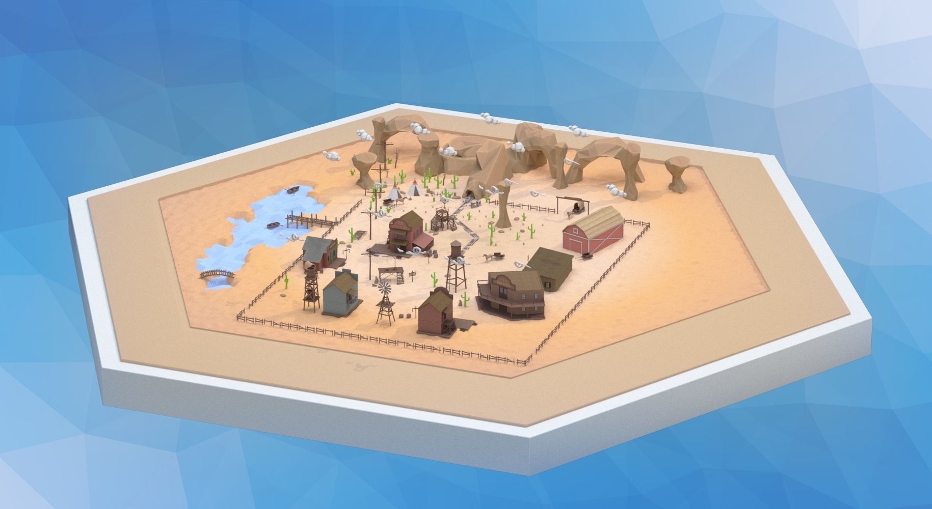 Low poly western desert town Low-poly 3D model_6