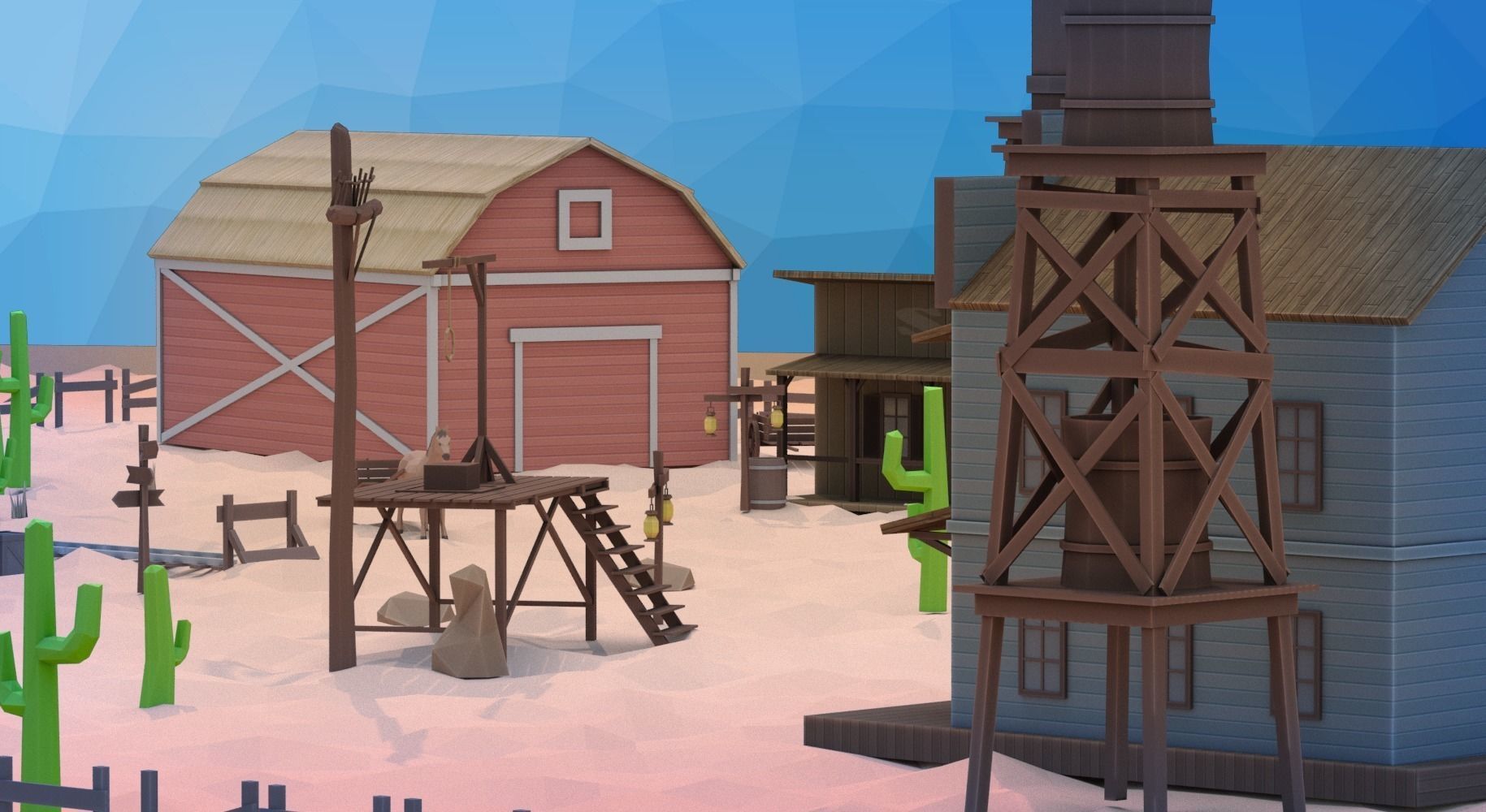 Low poly western desert town Low-poly 3D model_2
