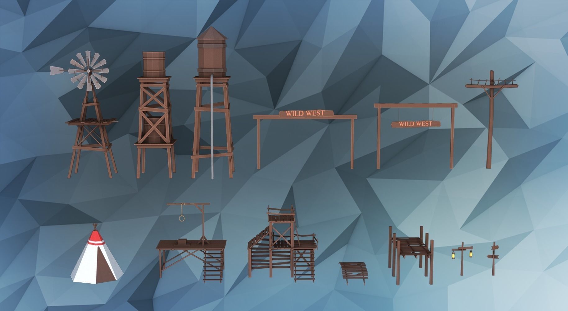 Low poly western desert town Low-poly 3D model_8