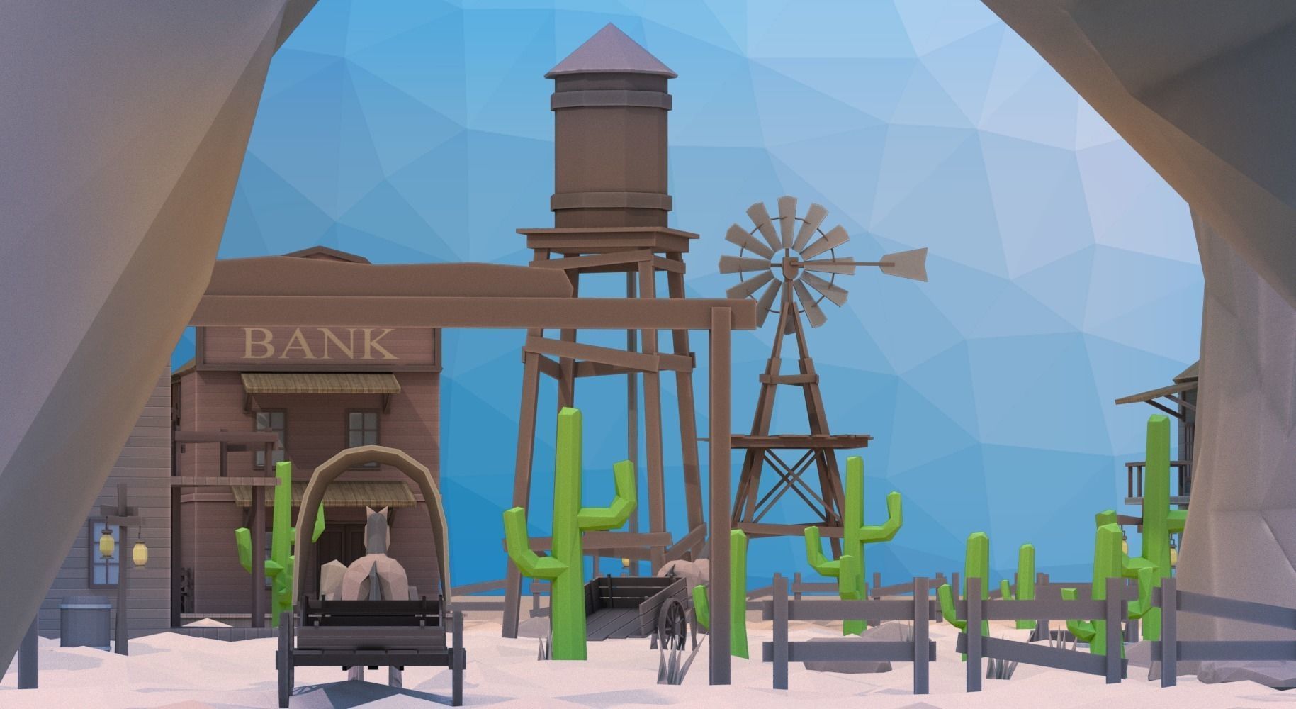 Low poly western desert town Low-poly 3D model_4