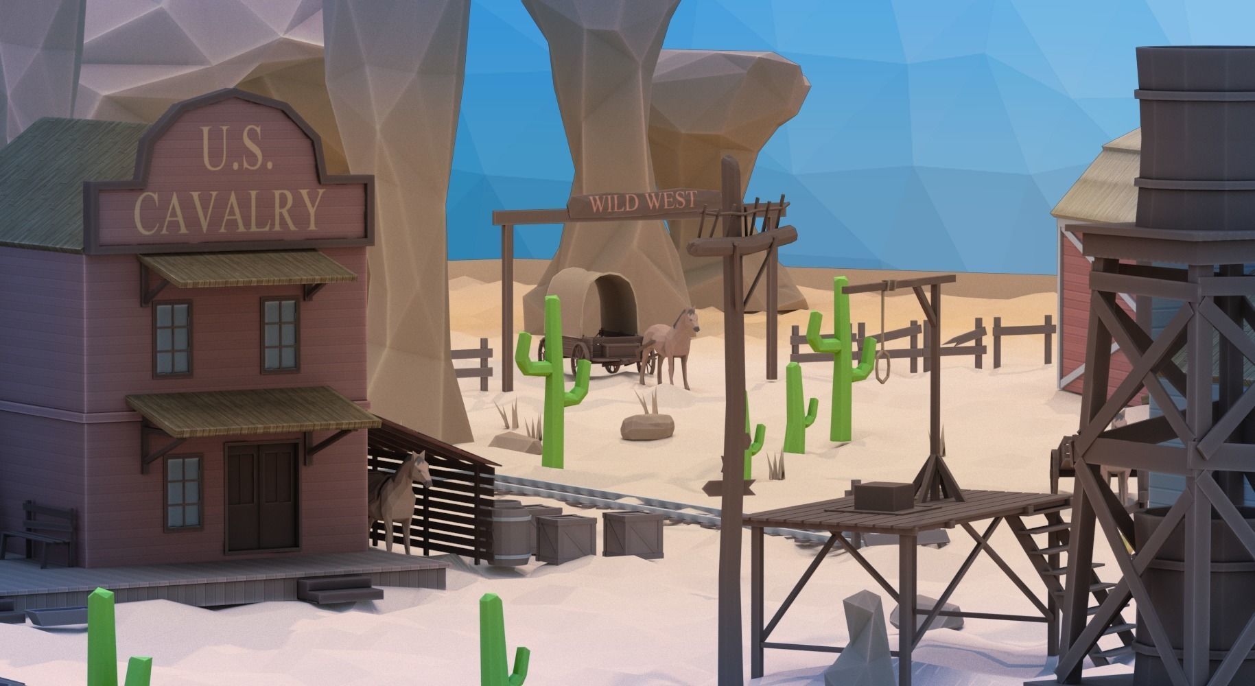 Low poly western desert town Low-poly 3D model_3