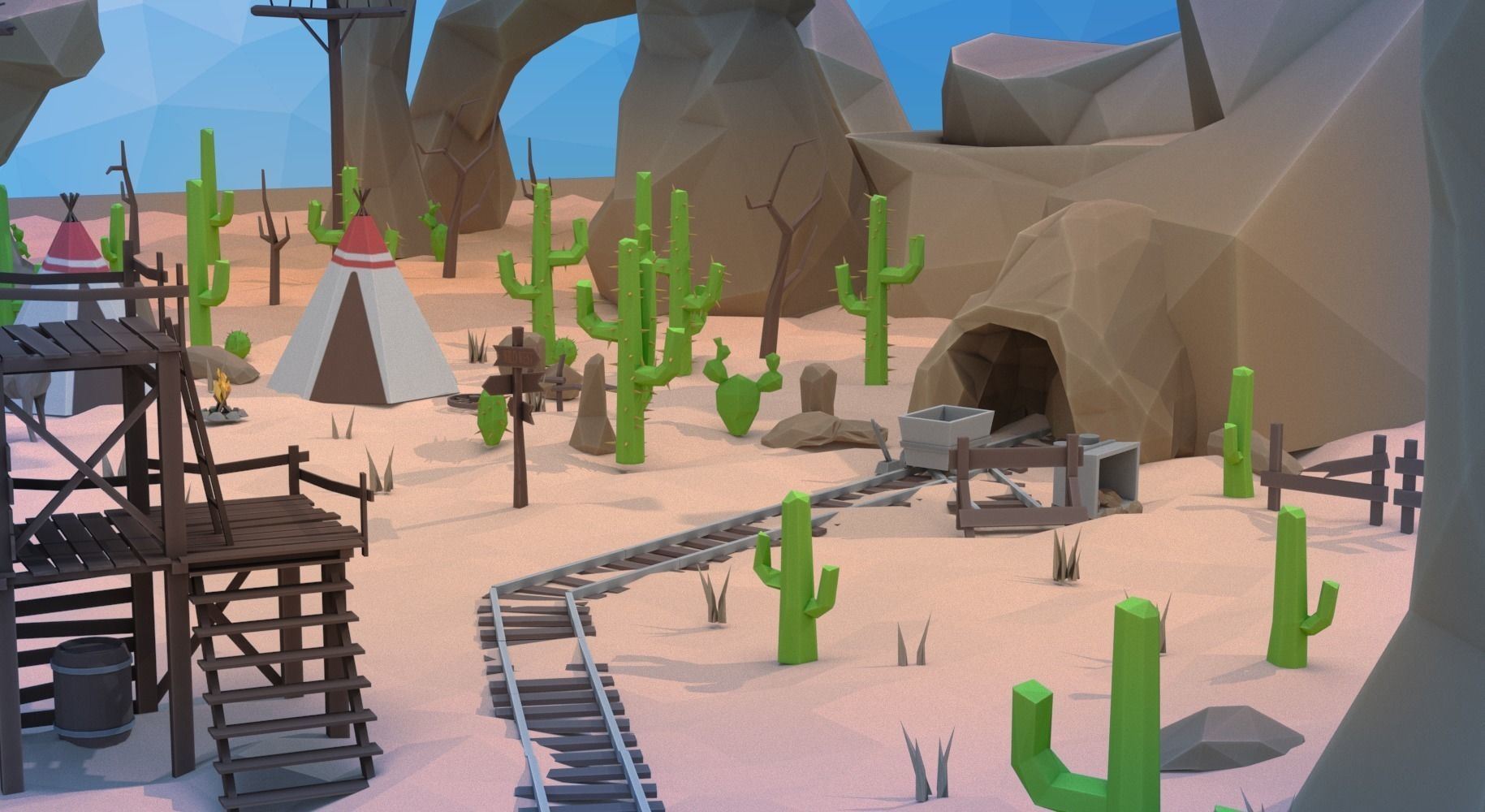Low poly western desert town Low-poly 3D model_1