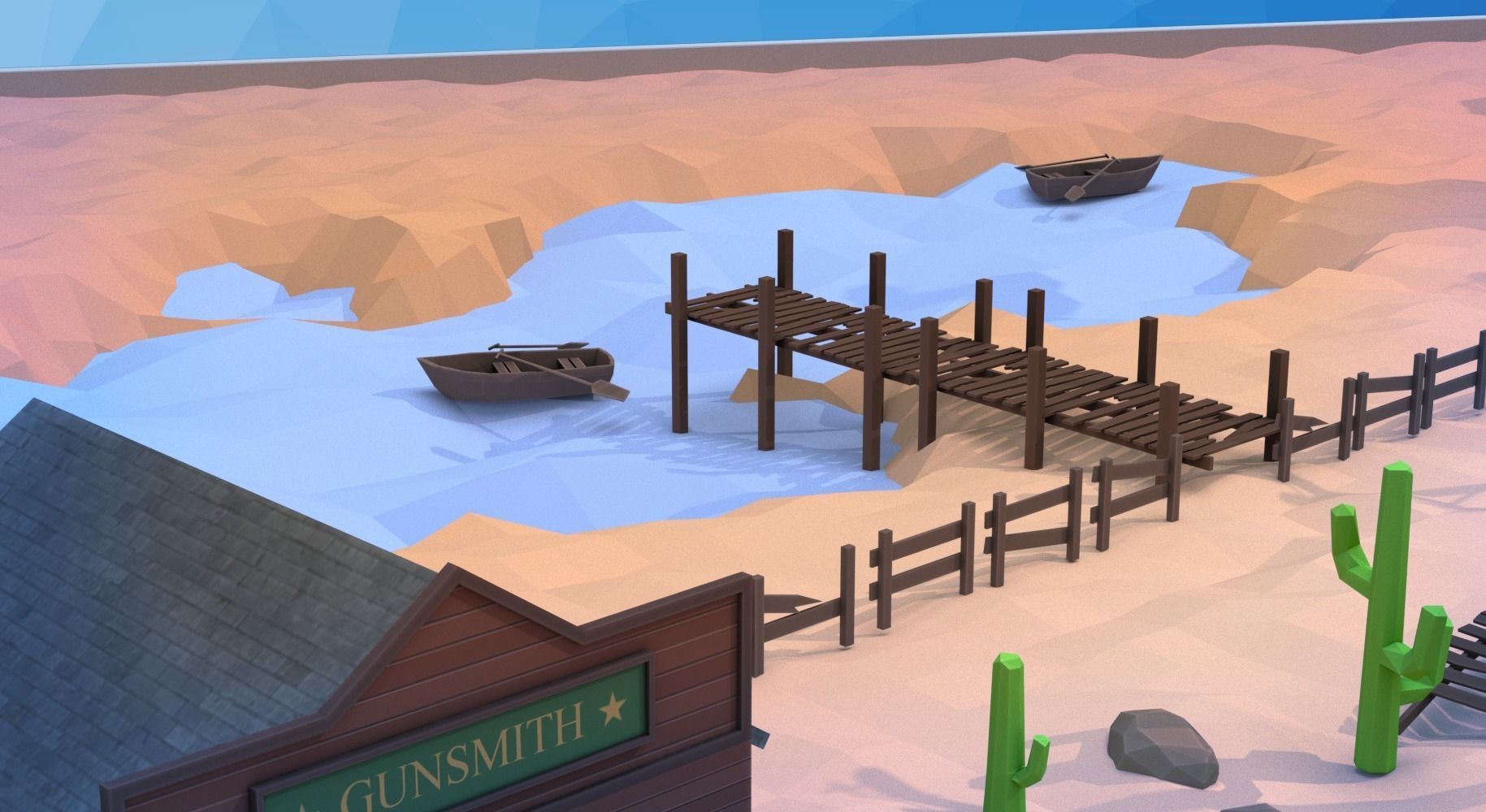 Low poly western desert town Low-poly 3D model_5