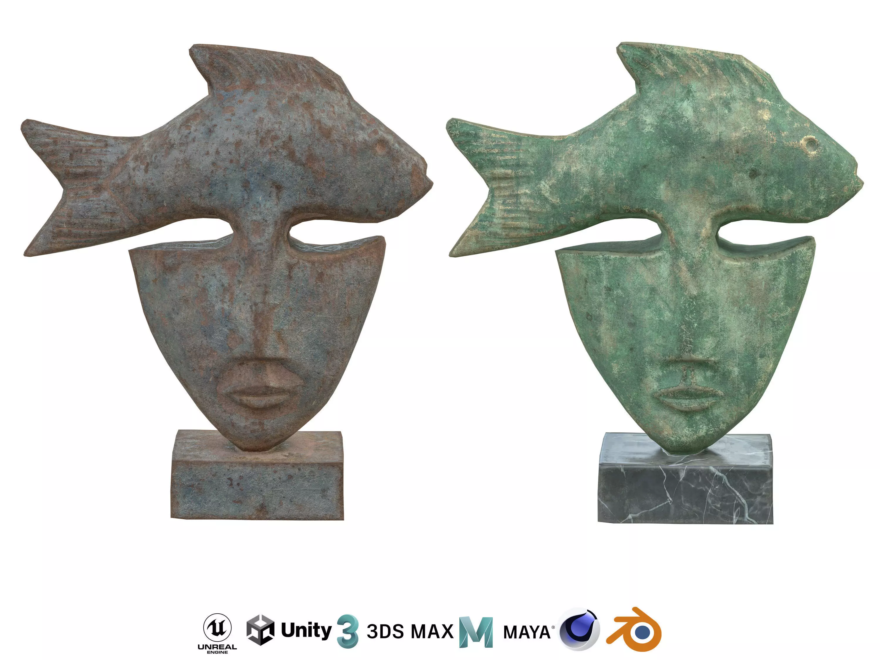 Fish face rusted statues Low-poly 3D model