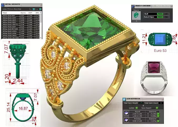 stl 3dm gold Ring Square Emerald Ottoman Setting model jr00253
