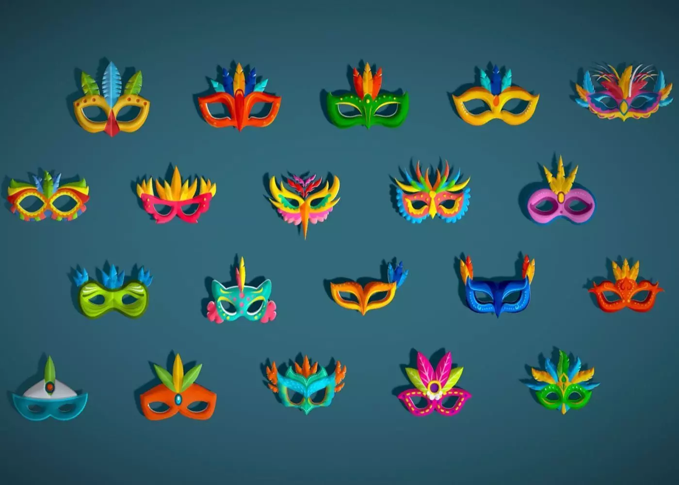20 Carnival Feather Masks Pack 2 -Stylized Kids Party Mask Low-poly 3D model