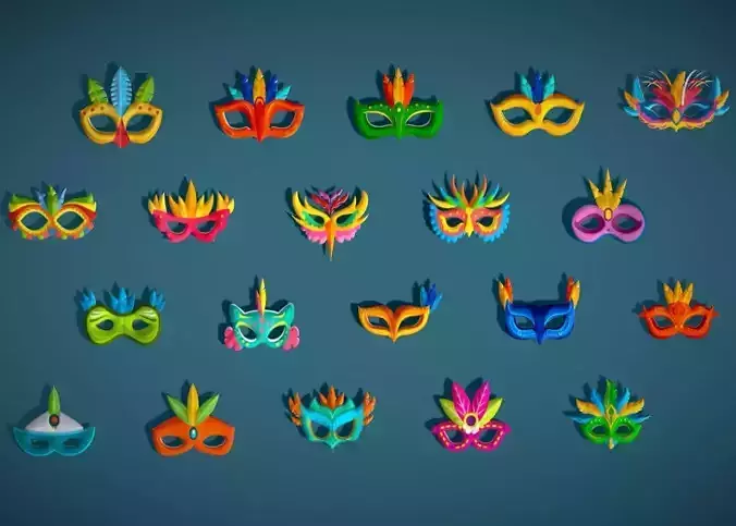 20 Carnival Feather Masks Pack 2 -Stylized  Kids Party Mask Low-poly 3D model