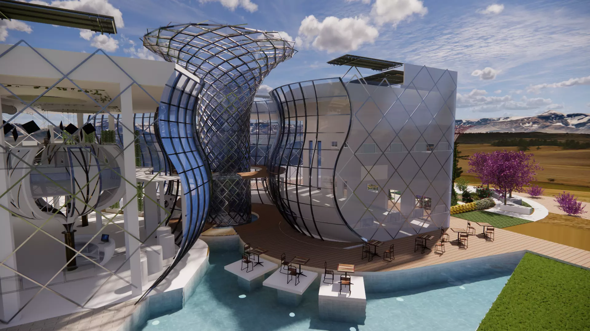Futuristic Eco Complex Farm Restaurant AND Pool 3D model_2