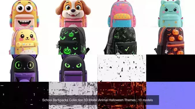 School Backpacks Collection 3D Model Animal Halloween Themes