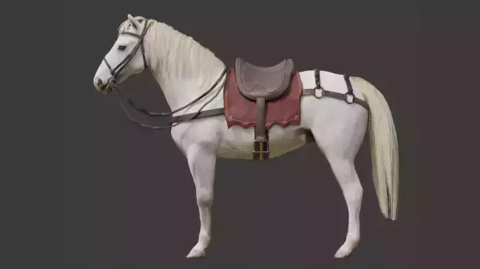 Animated White Horse with saddle Low-poly 3D model