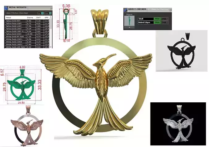 Mockingbird stl 3dm gold pendant gp0381