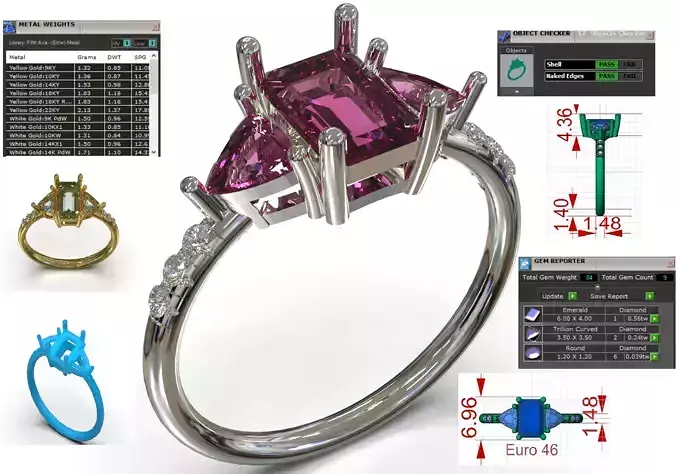 stl 3dm jewelry Ring Sapphire Pink Tourmaline Trio model jr00254