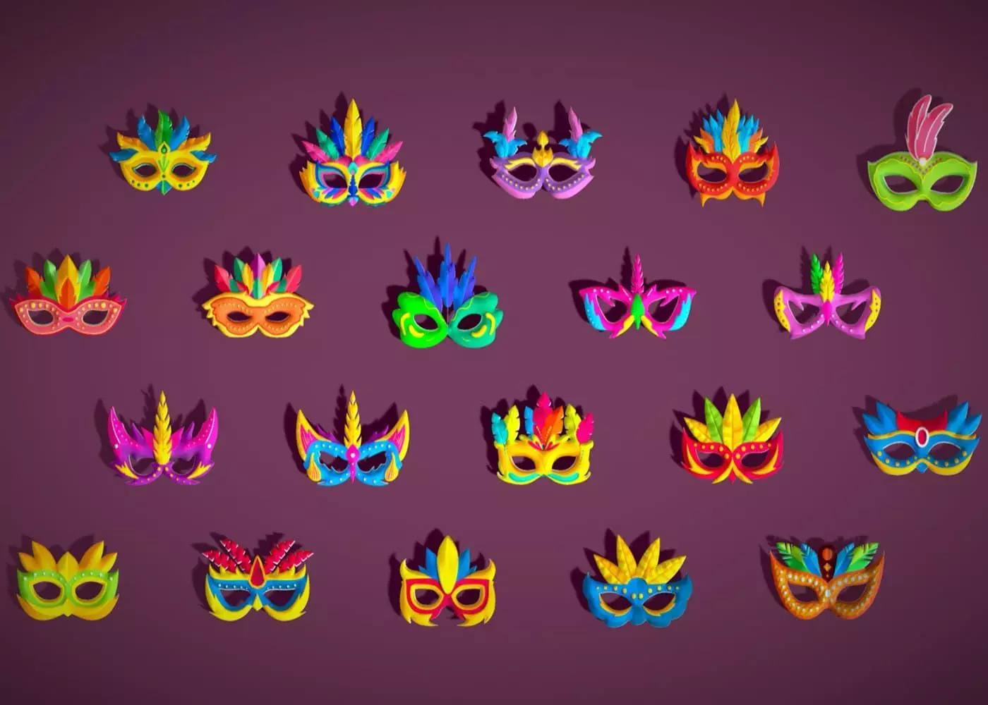 20 Carnival Feather Masks Pack 3 -Stylized Kids Party Mask Low-poly 3D model