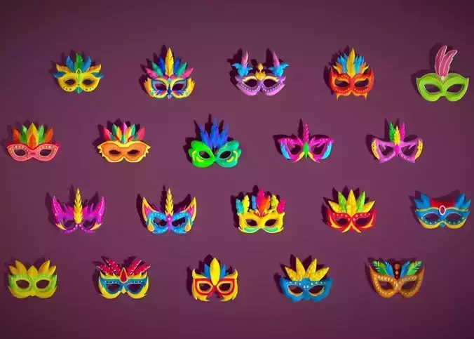 20 Carnival Feather Masks Pack 3 -Stylized  Kids Party Mask Low-poly 3D model