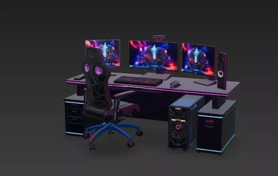 Ultimate RGB Gaming Setup 3D Model -Triple Monitor Station 3D model_0