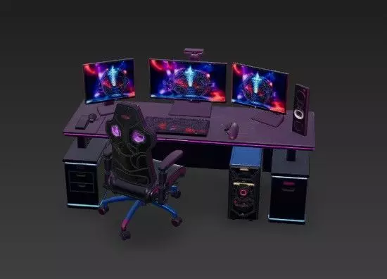 Ultimate RGB Gaming Setup 3D Model -Triple Monitor Station 3D model_1