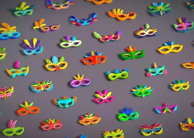65 Carnival Feather Mask Mega Pack - Stylized  Kids Party Masks Low-poly 3D model