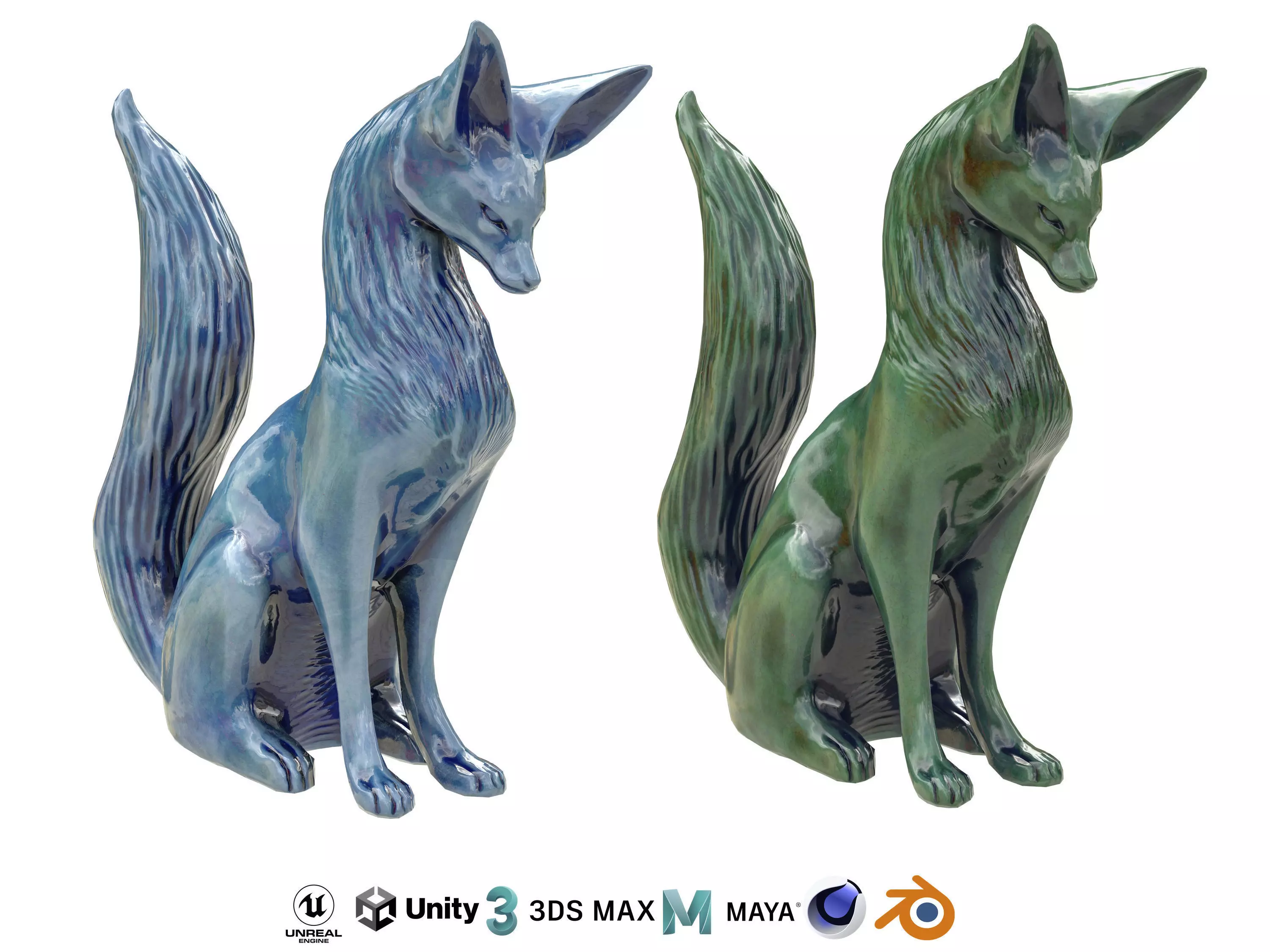 Fox porcelain statues Low-poly 3D model_0