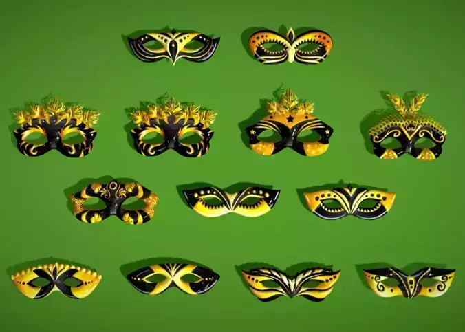 13 Golden Black Metal Mask Pack - Stylized Party Set Low-poly 3D model