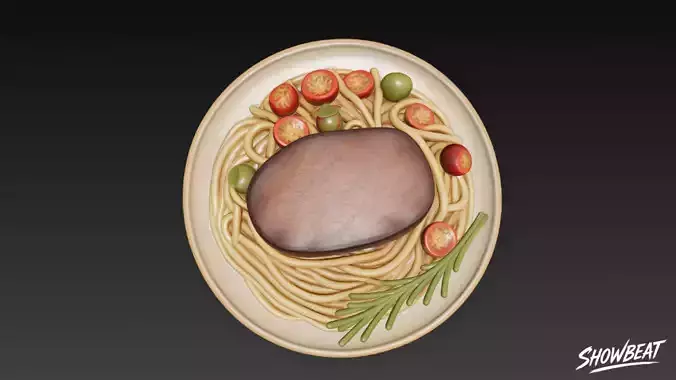 Steak on Spaghetti Low-poly 3D model 3