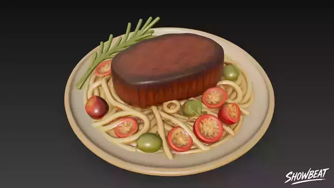 Steak on Spaghetti Low-poly 3D model 2