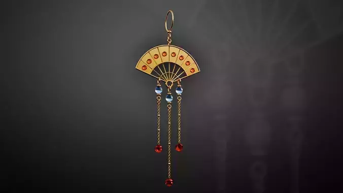 Traditional Chinese Fan Earring with Gemstones