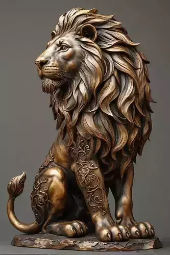 A Lion Sculpture Intricate Details Expression Muscular Strength