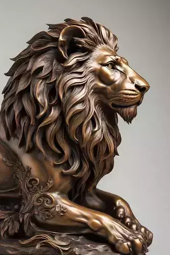 Bronze Lion Sculpture Flowing Mane Serene Powerful Expression