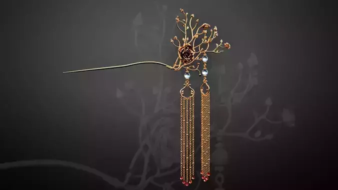 Golden Rose Hair Pin with Chain Tassels 3D Model