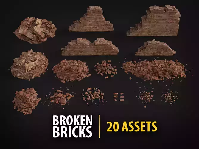 Destroyed Brick Wall Debris Pack - 20 Assets PBR Game Ready