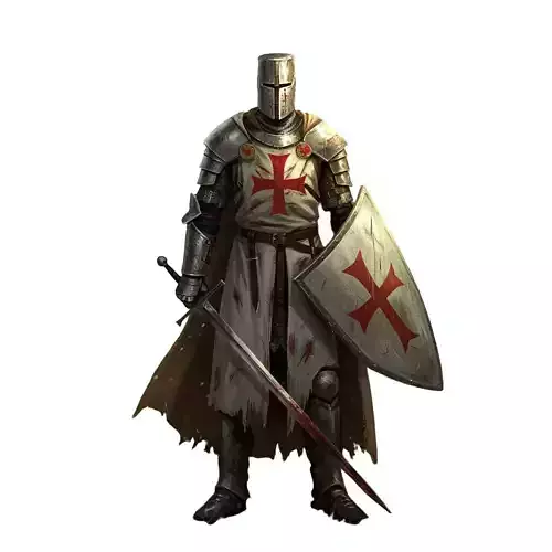 Battle Worn Knight in Armor Red Cross Emblazoned Standing Sword