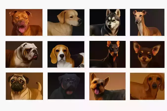 12 Realistic Dog PACK 3D Models Pack  Detailed Textures 