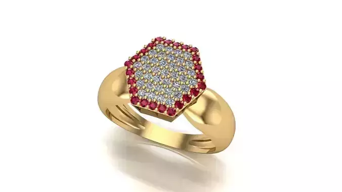 Hexagonal top cluster ring with 61 brilliant-cut stones 