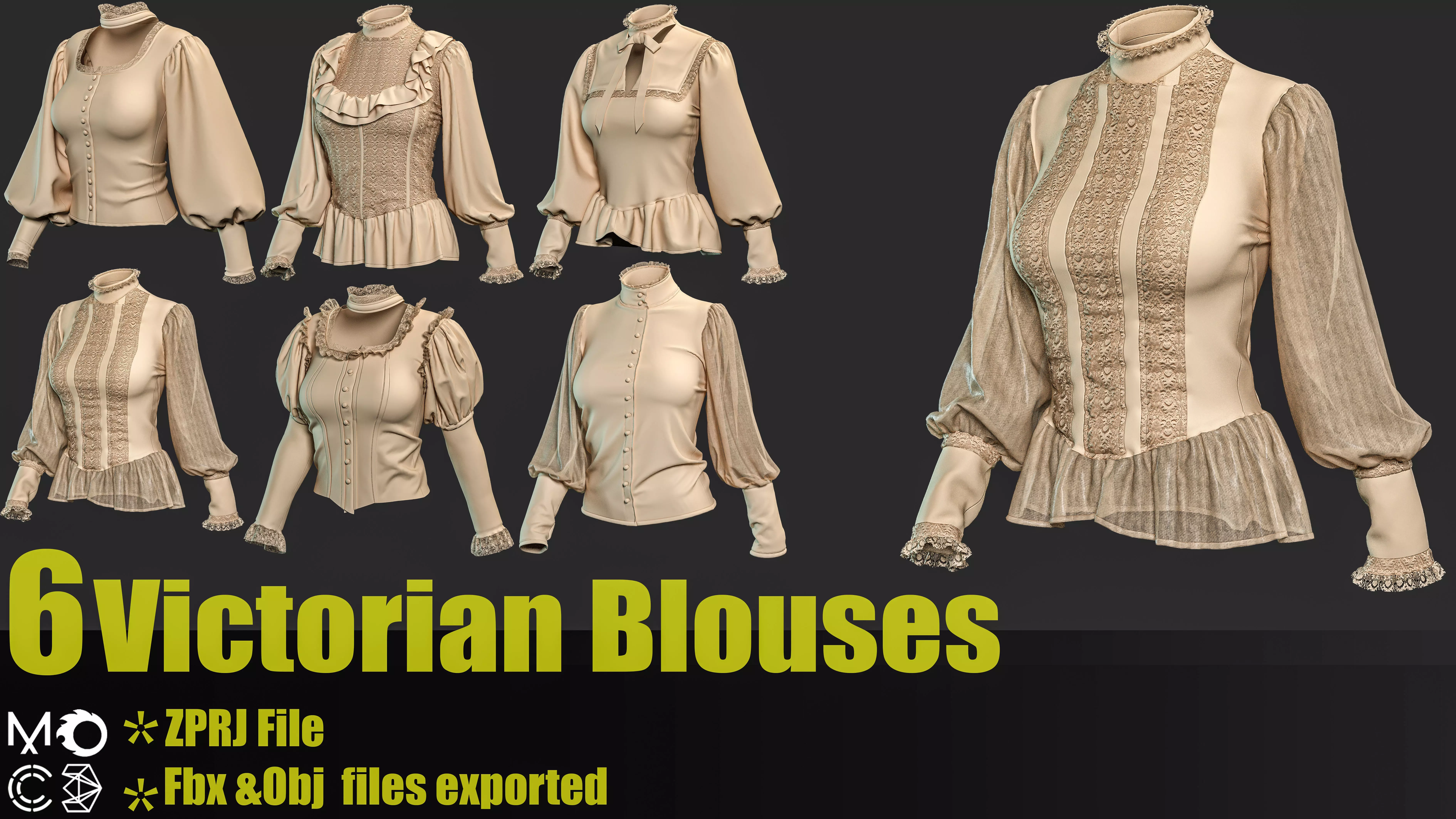 6 Victorian Female Blouses 3D model_0