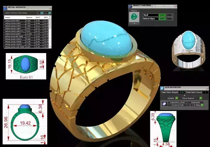 Mens Gold Ring Turquoise Cabochon Turkish Texture model mr0291