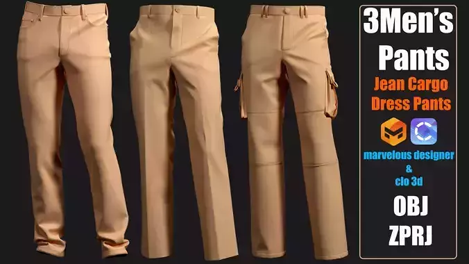  Pants Pack for Men - 3D Clothing Model - OBJ ZPRJ 3D model
