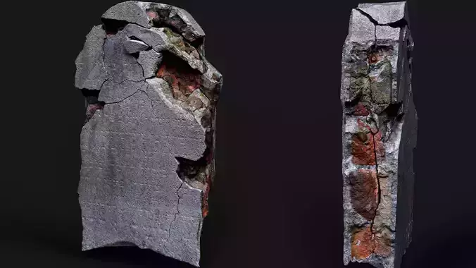 damaged plaster wall bricks part PBR photogrammetry Low-poly 3D model
