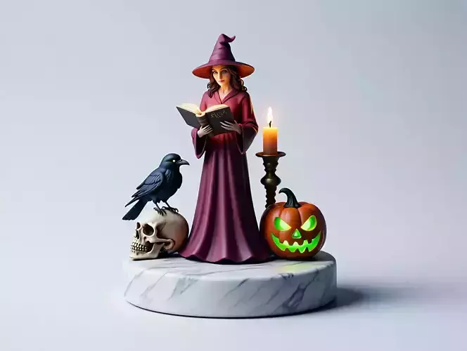 2446Halloween Witch with Skull  Raven and Pumpkin