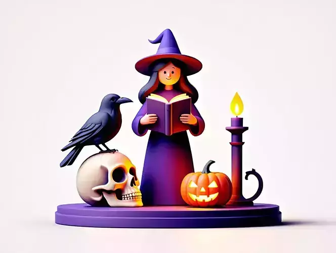 2447Halloween Witch with Skull  Raven and Pumpkin