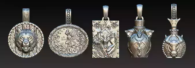  Silver Pendant Set  Lion Fairy Wolf Dragon 