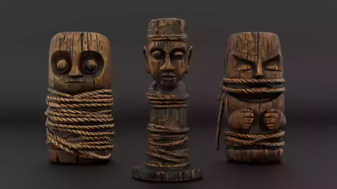 Rope-Wrapped Wooden Idols Pack 3 Ancient Carved Props